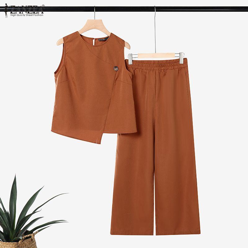 ZANZEA Women Sleeveless Vest Tops and Pants Casual Two Piece Suit Sets