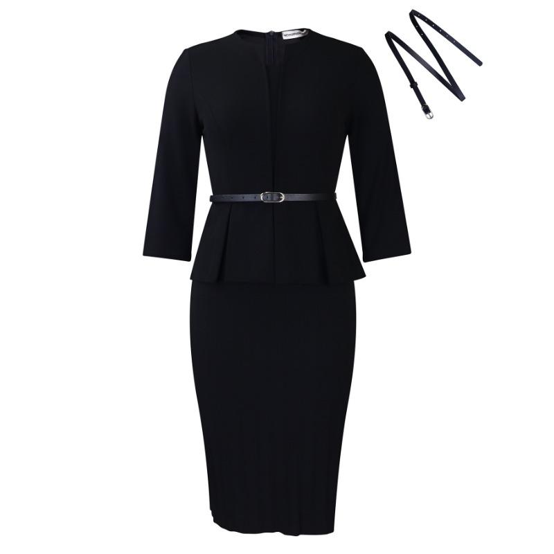 Women V Neck High Waist Solid Pencil Midi Office Commuting Dress S чёрный