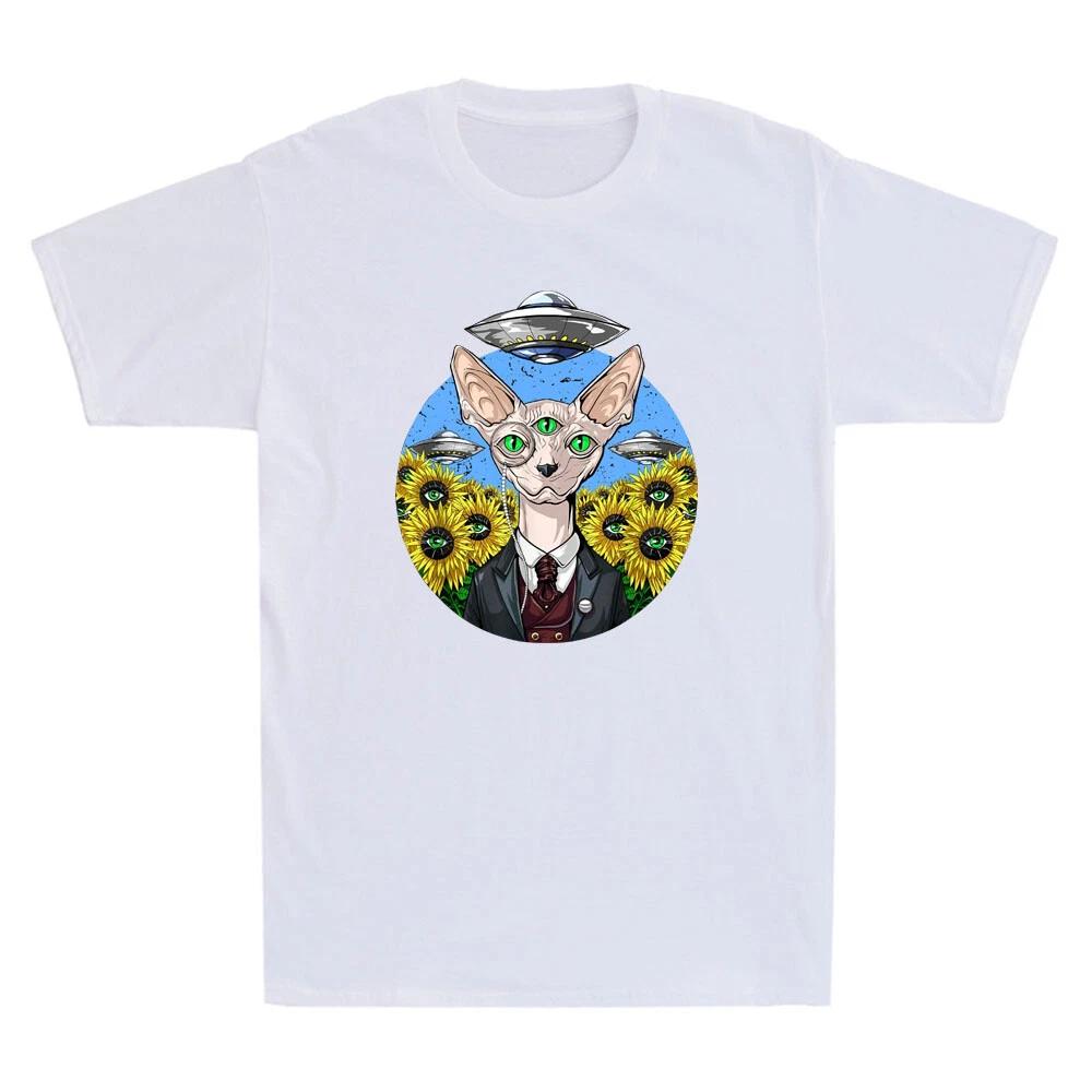 Men s and Women s T-shirts Psychedelics Hairless Sphynx Cat Alien Abduction Sunflowers Funny XXXXL
