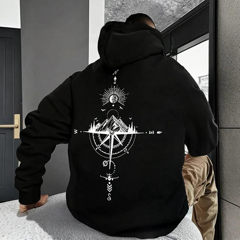 Retro Compass Print Men's Hoodie, High-quality Long-sleeved Pullover, Suitable for All Seasons, Casual Everyday Sportswear.