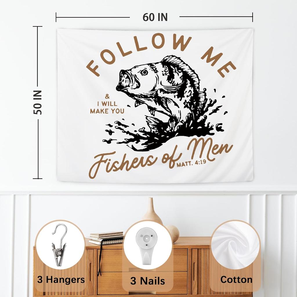 NATSUNO Vintage Christian Tapestry, Retro Bible Verse Fish Wall Tapestry for Home, Religious Scripture Fishers of Men Tapestries Wall Hanging for