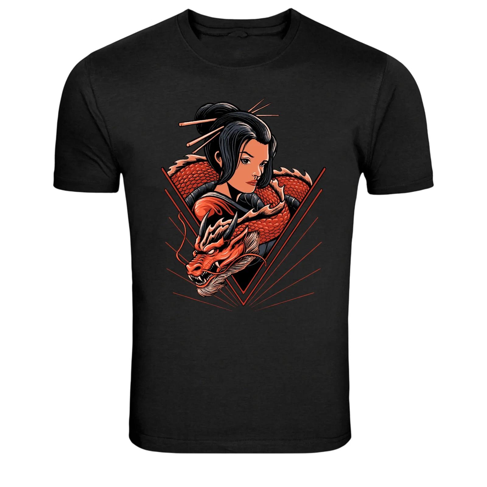 Японская Гейша Дракон Тату Стиль Графическая Футболка Арт Футболка L