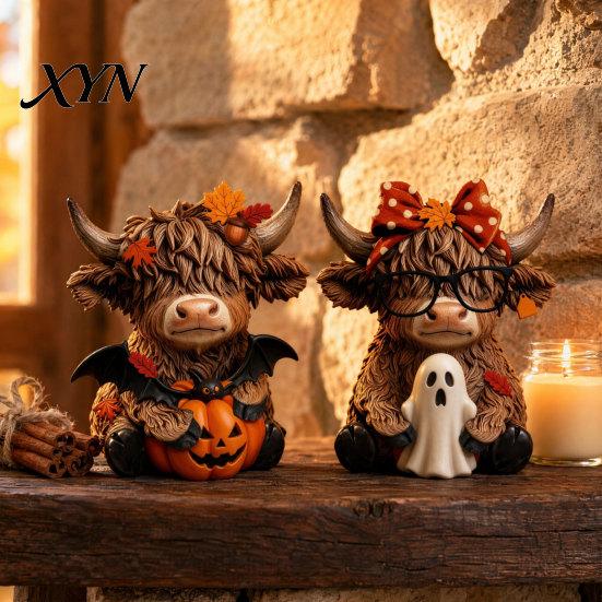 Tierstatue Dekoration 2 Stück Hochlandrind Ornament, Holz Rustikaler Stil Figur, Thanksgiving Handgefertigtes Holzornament Thema Kunst, für Eingang