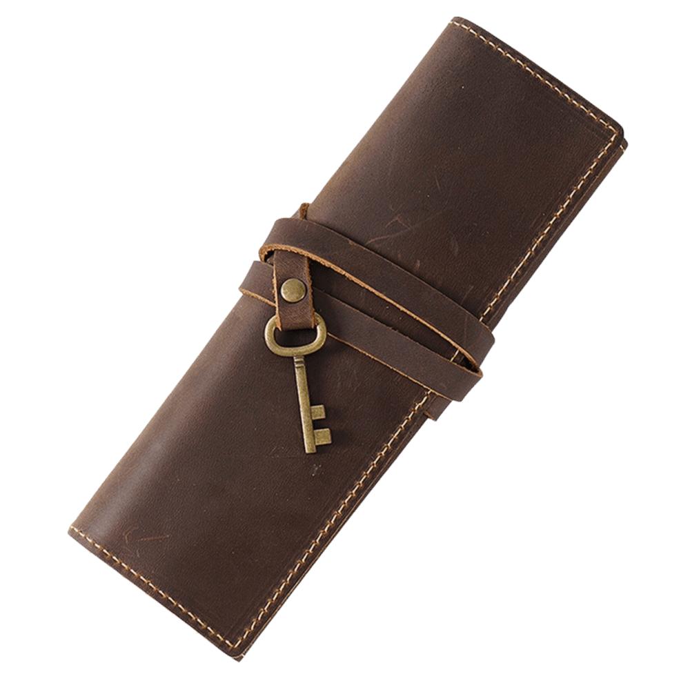 

Retro Design Leather Pen Case First Layer Cowhide Multi-Compartment Pencil Cases Simple Literary Elastic Closure Pencil Roll Bag кавовий
