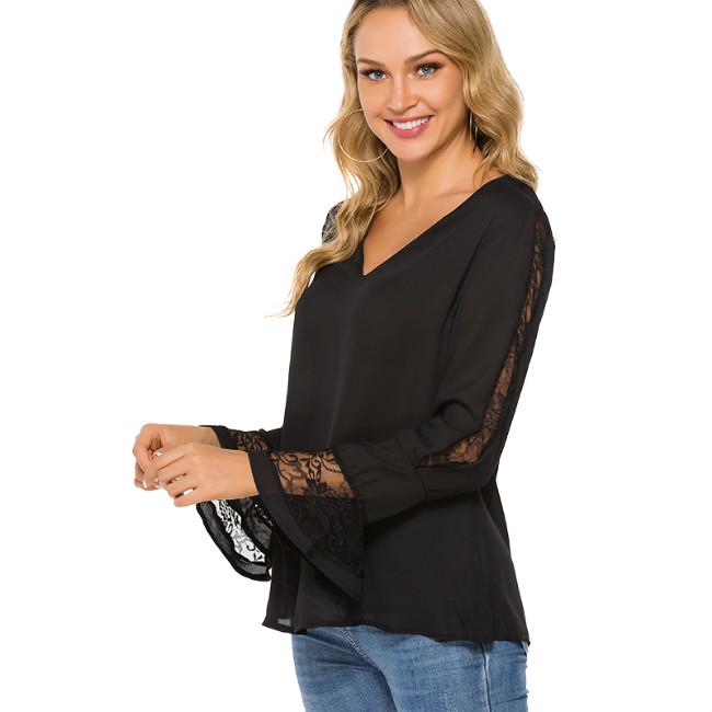 Summer Women Fashion Solid Color Stitching Lace V-neck Casual Autumn Chiffon Top T-shirt