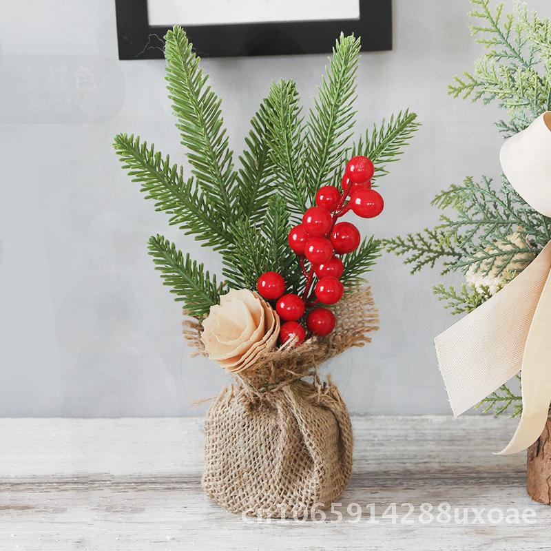 25cm Mini Weihnachtsbaum Dekorationen Topfpflanze Schreibtisch Fenster Festliche Szene Rote Früchte Stil Baumwolle Holzblume Schmiedeeisen Kunst