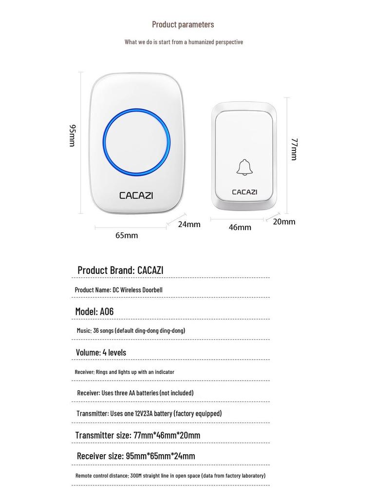 Smart Wireless Waterproof Doorbell, Battery Powered, Plug-Free