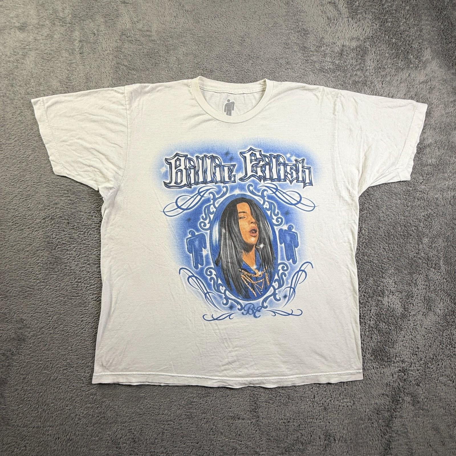 Billie Eilish Vintage Style Portrait Graphic Tee Shirt L White Blue Music Fan Unisex T-Shirt M
