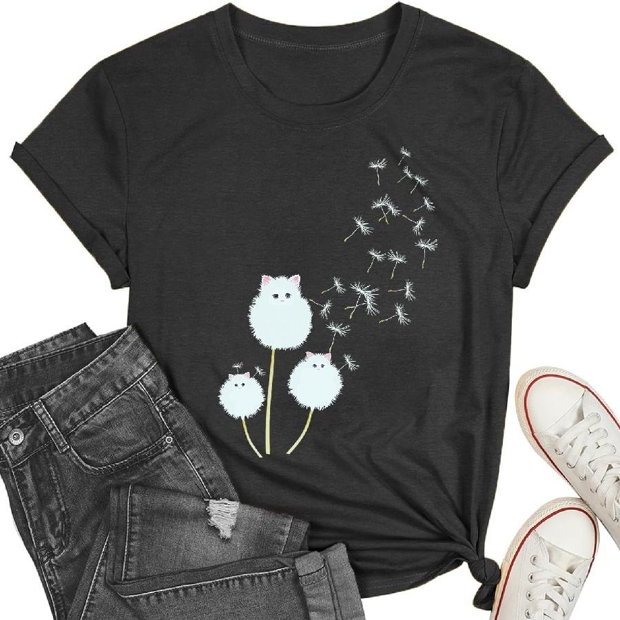

Cat Shirts for Women Flower Tee Shirts Womens Dandelion T-Shirt Cute Dandelion Cat Graphic Print Shirts XXXXXL чорний