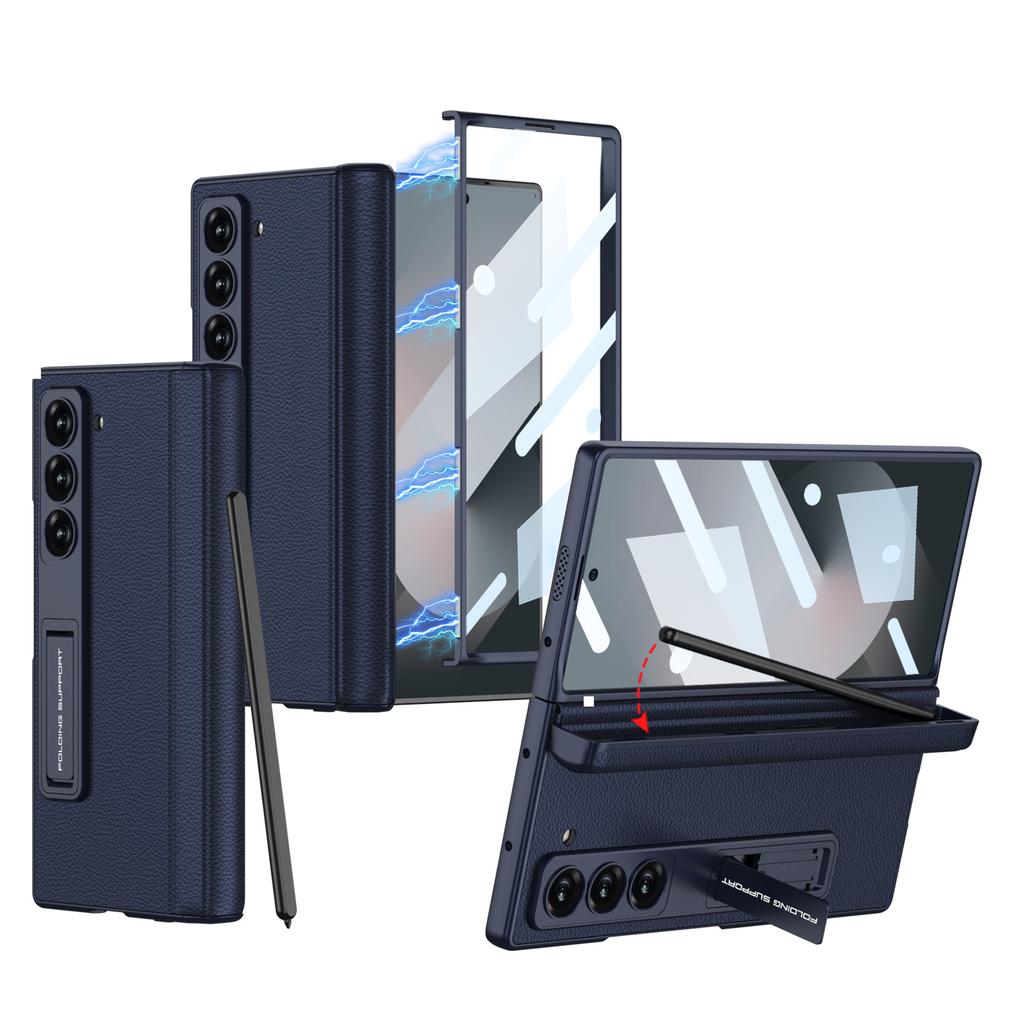 Samsung Fold6 Mobile Phone Case Full Inclusive Anti Fall Magnetic Suction Hinge Folding Rotating Shaft Plain Leather Pen Case Shell Film Sleeve