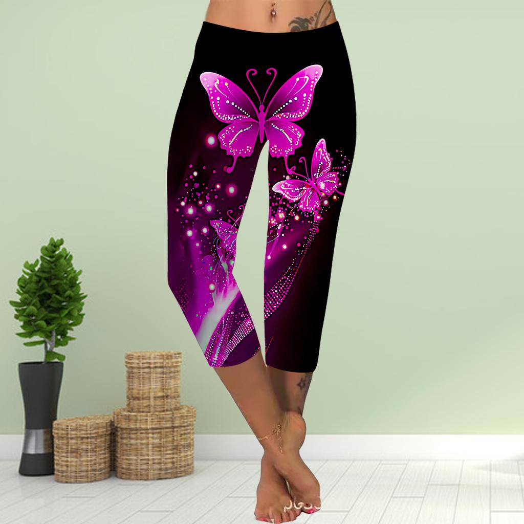 Hosen Sommer Kurze Leggings Gekürzte Röhrenhose Übergröße Leggins Damen Schlanke Hose mit 3D-Schmetterlingsdruck in Schwarz