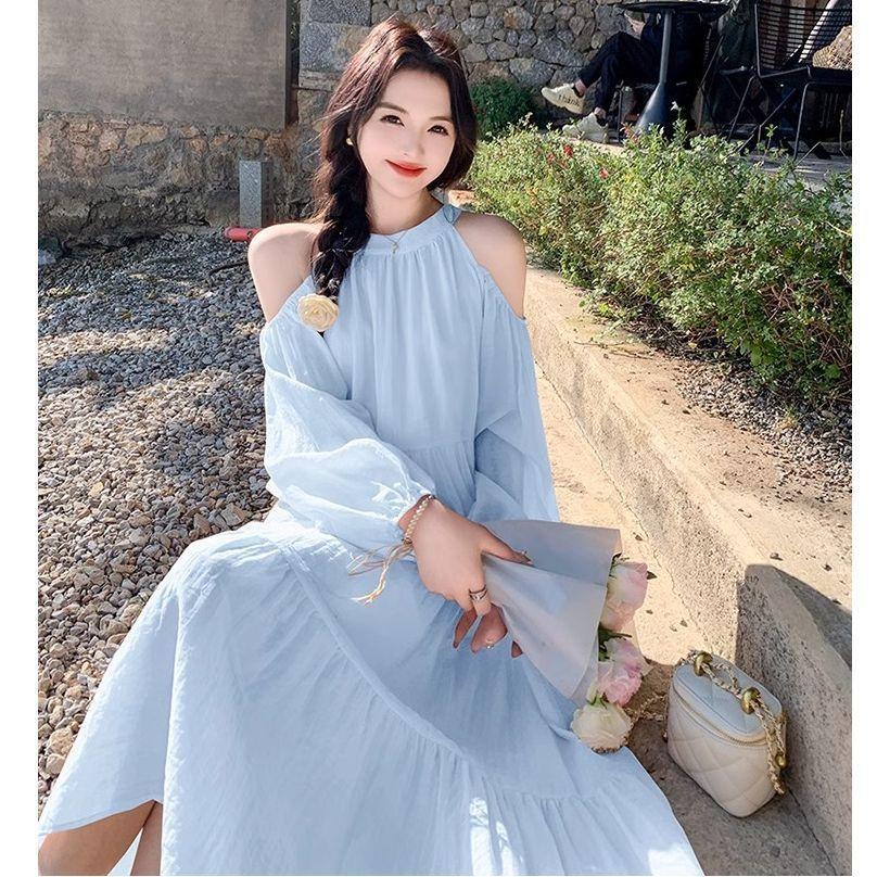 Seaside Vacation Dress Women's Summer New Sweet Gentle Wind French Temperament Beautiful Off-the-shoulder Beach Dress