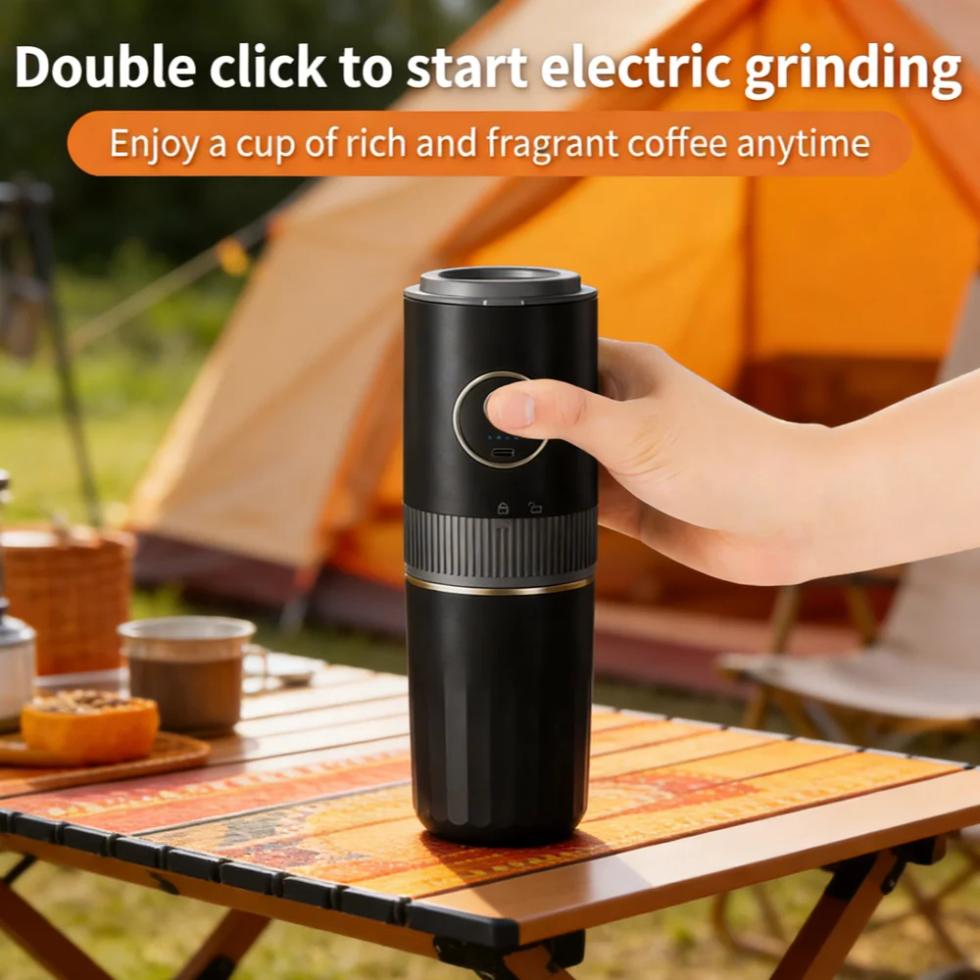 Reisvriendelijke Alles-in-één Koffiezetapparaat - Ingebouwde Molen, Handheld Espressomachine & Mini Pour-Over Kopje voor Thuis en Buiten