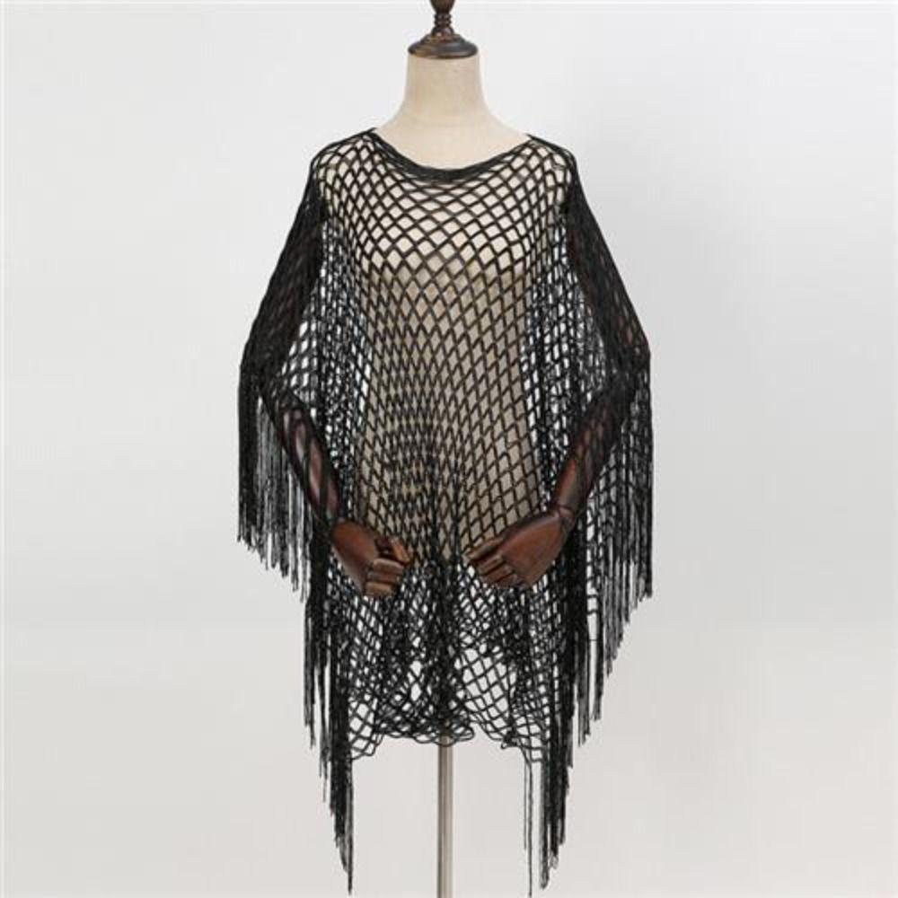 Tassel Sunscreen Cover-up Loose Fit Knit Hollow Out Top Fashion Fishnet Swimsuit Cover Up  Vacation