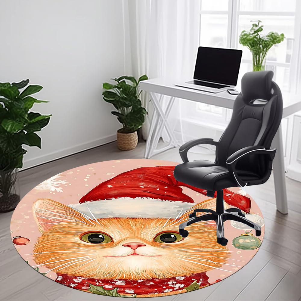 1PC Christmas Cat Office Round Area Rug, Indoor Mat Suitable ForOffice, Under Office Chairs Bedroom Living Room Home Decor, Room Deco f015