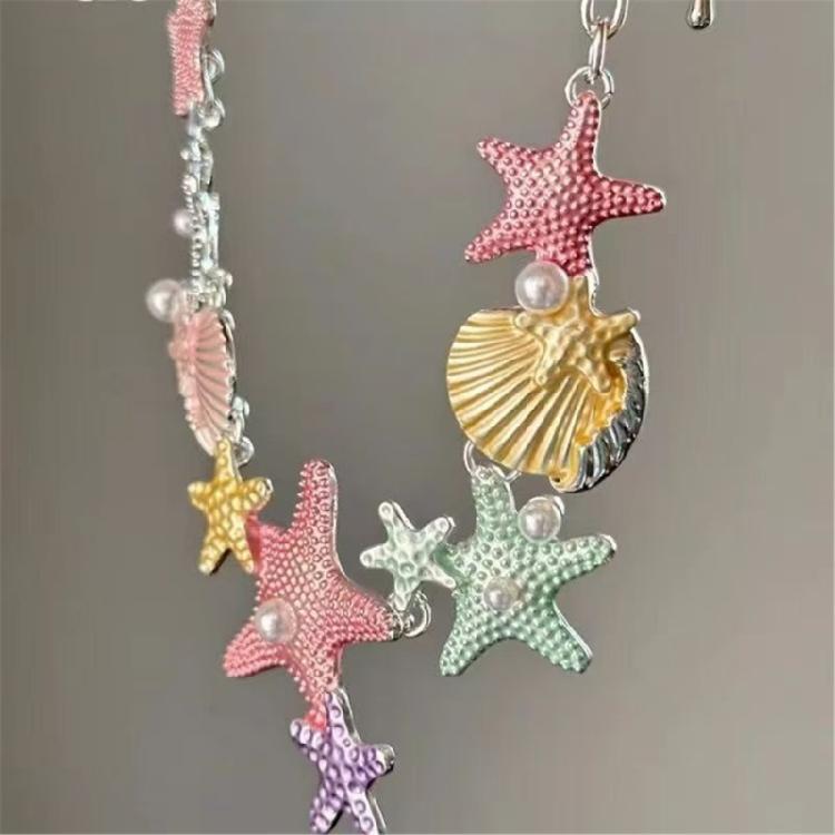 Adjustable Necklace With Starfish Shell Pearls Charm Alloy For Vacation And Parties