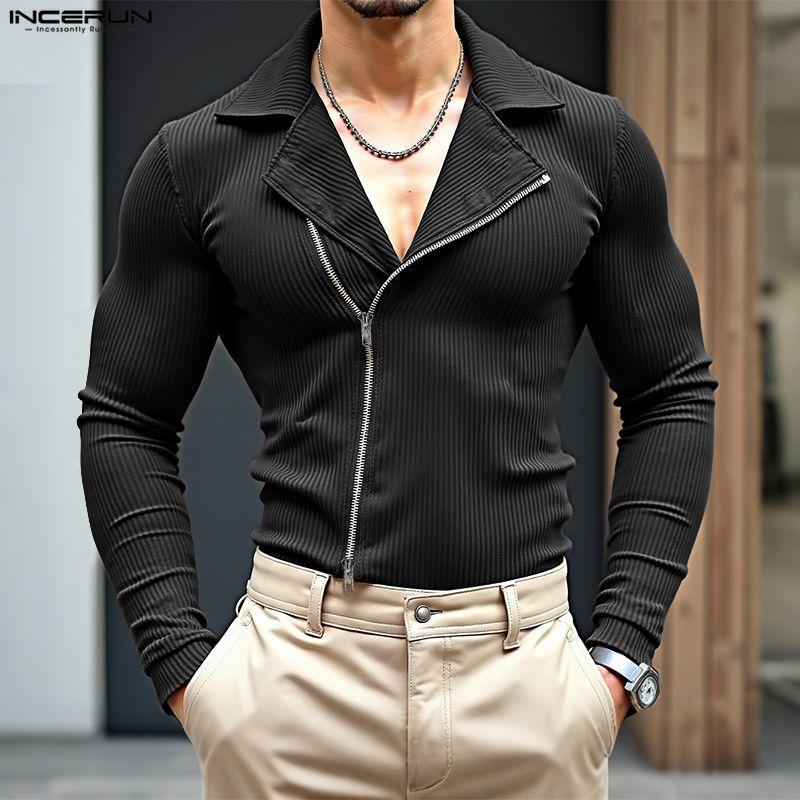 INCERUN Men Lapel Neck Long Sleeve Side Zip-up Casual Fitted Rib Pullovers Undershirts