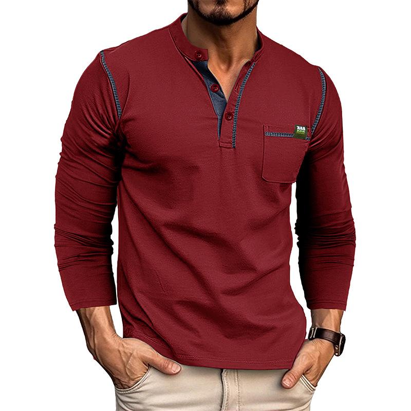 European and American Style Men's Henry Shirt Long Sleeve T-shirt Spring Autumn Color-block Knitted Button Top