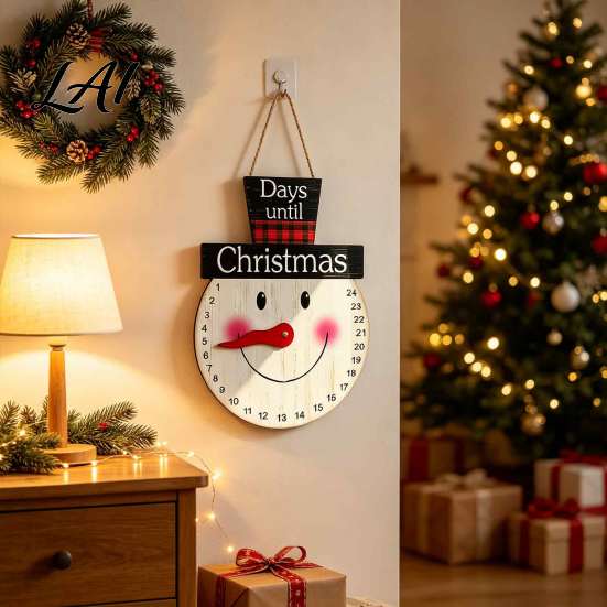 Holiday Countdown Sign Christmas Calendar Reusable Days Until Door Hanging Sign Wooden Vintage Round Wreath Hanger for Wall Decor Interactive