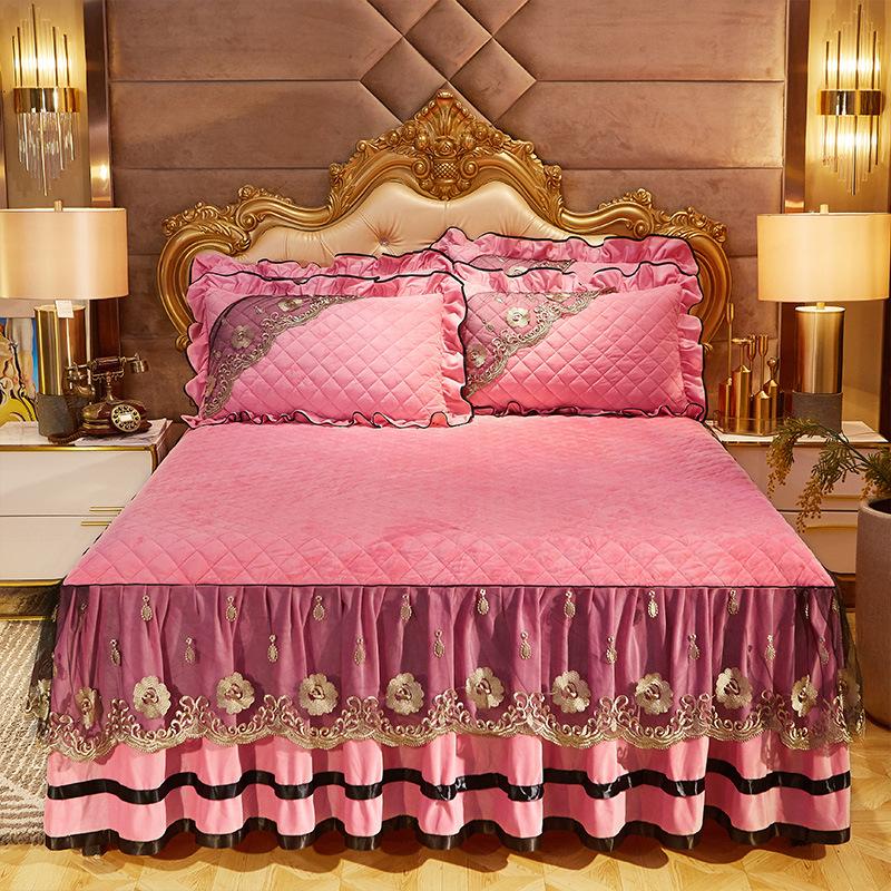 European-Style Crystal Velvet Lace Bed Skirt Winter Fleece-Lined Warm Quilted Bed Cover Bed Skirt Cover Bedding