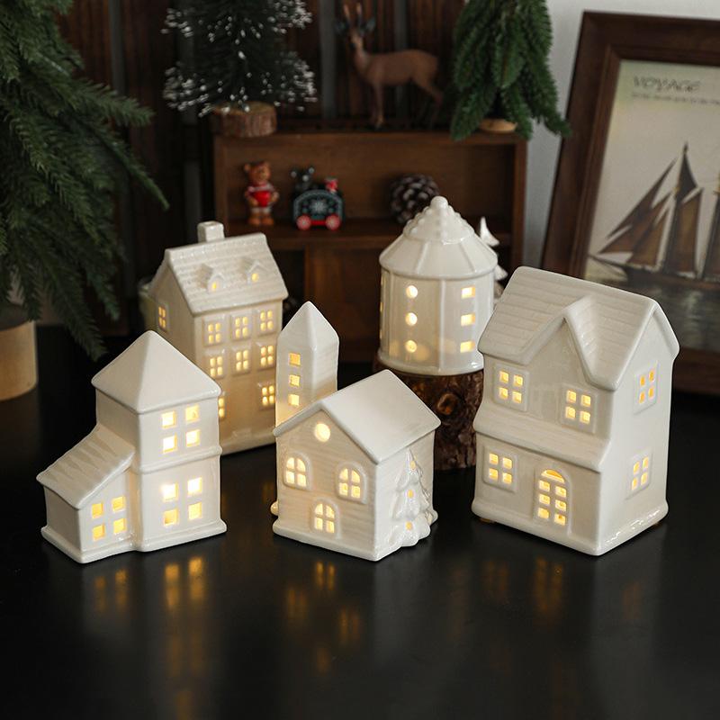 Ceramic Led Night Lights Winter White Snow House Miniature Lamp Christmas Festive Atmosphere Decorative Ornaments Crafts Gifts