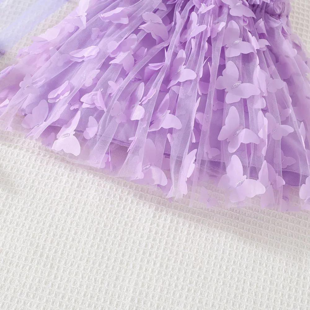 Girls Summer Long Sleeve Dress Solid Color Mesh Splicing Skirt