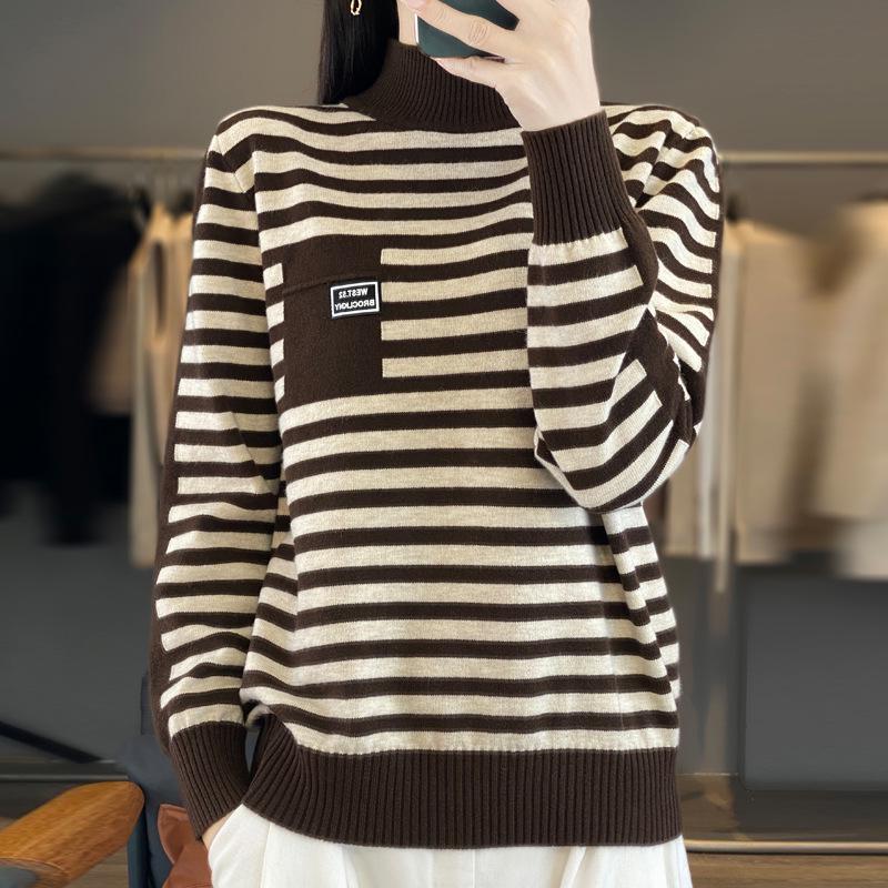 Casual Plus Size Striped Knit Sweater – Slimming Half High Neck Loose Fit Top
