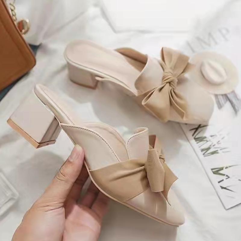 

Модные полутапочки с закрытым носком для женской обуви на плоской подошве, модные повседневные с бантом, на квадратном каблуке, с ремешком на пятке, слипоны, уличные тапочки 35 бежевый