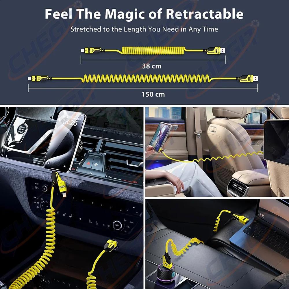 65W+PD27W 4 In 1 6A Charging Data Cable, Multifunctional Spring Retractable Fast Charging Cable for Samsung Huawei Xiaomi Iphone