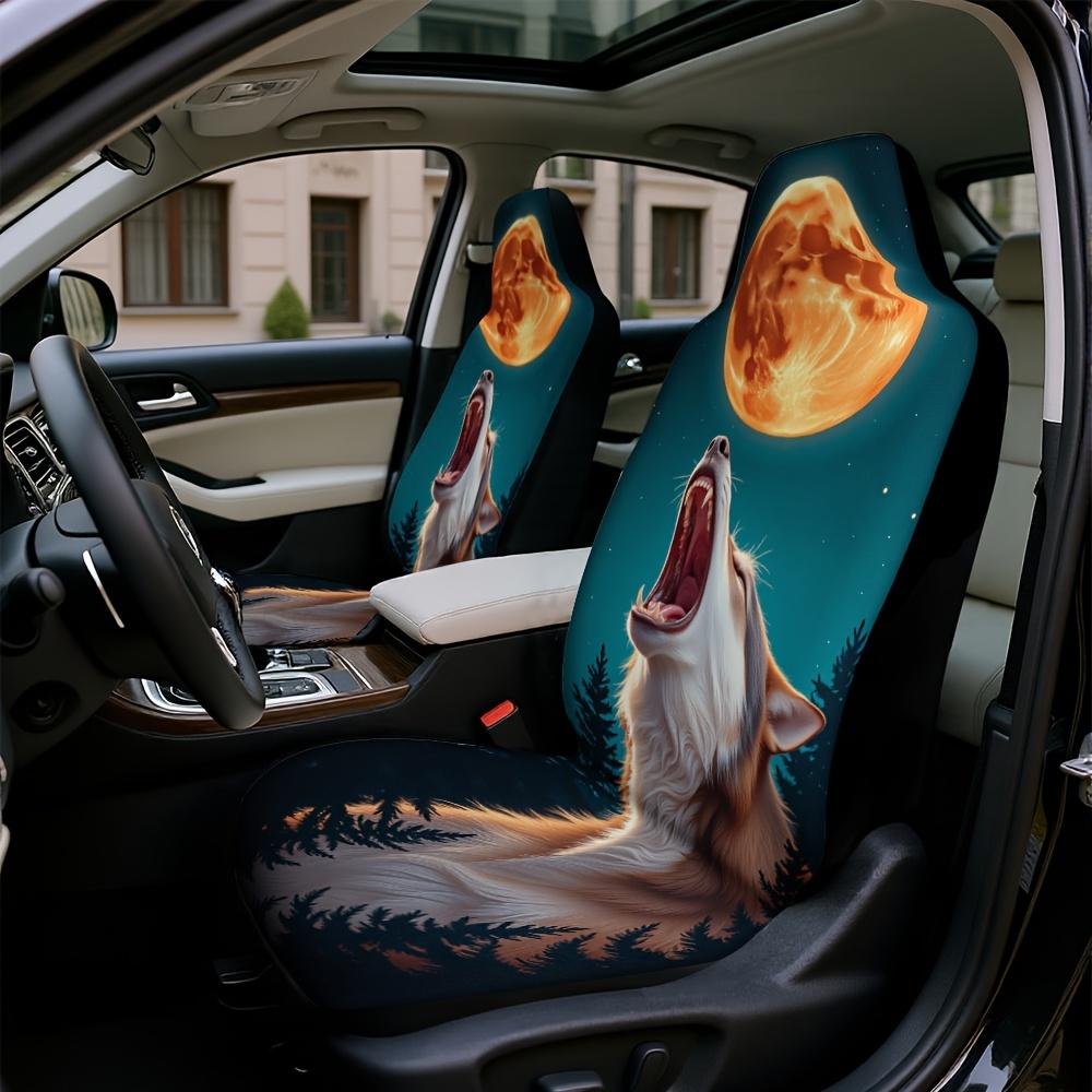 2pcs Howling Wolf Car Seat Covers - Durable Fabric, Soft & Comfortable, Easy To Install, Universal Fit For Cars, SUVs, Sedans, T