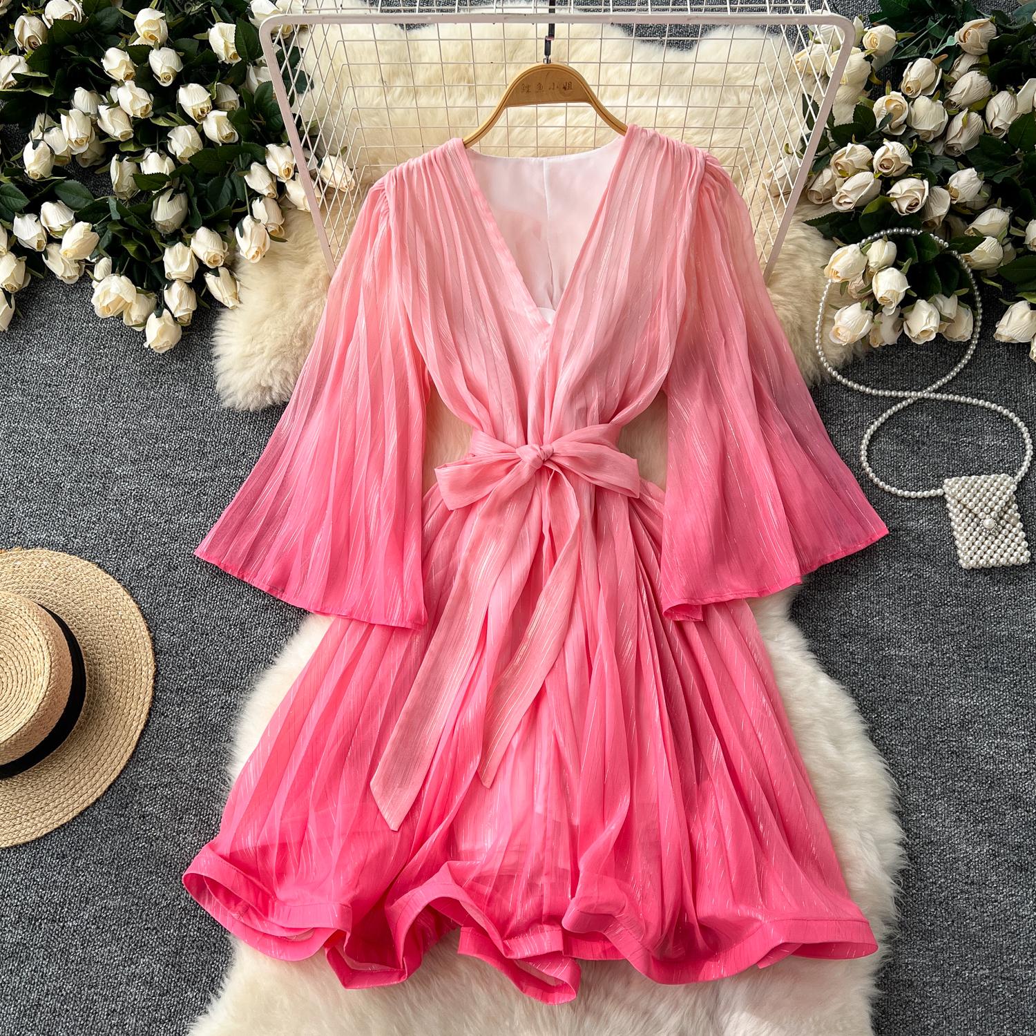 

Элегантное женское платье с градиентной повязкой, тонкая талия, халат с расклешенными рукавами, винтажные летние платья с оборками, 2024, Vestidos De Mujer One Size розовый