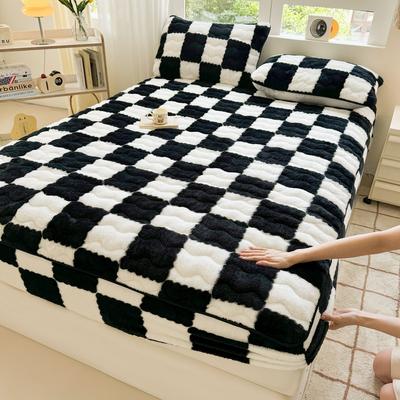 Karomuster Korallenfleece Spannbettlaken Winter Verdickt Warm Matratzenschonerbezug Flauschig Weich Bettlaken mit Kissenbezug