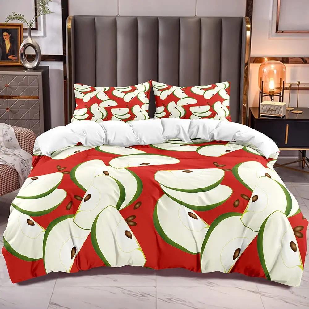 Red Apple King Queen Duvet Cover Sweet Fruit Patterned Bedding Set For Kids Pink Quilt Cover Plant Polyester Comforter Cover