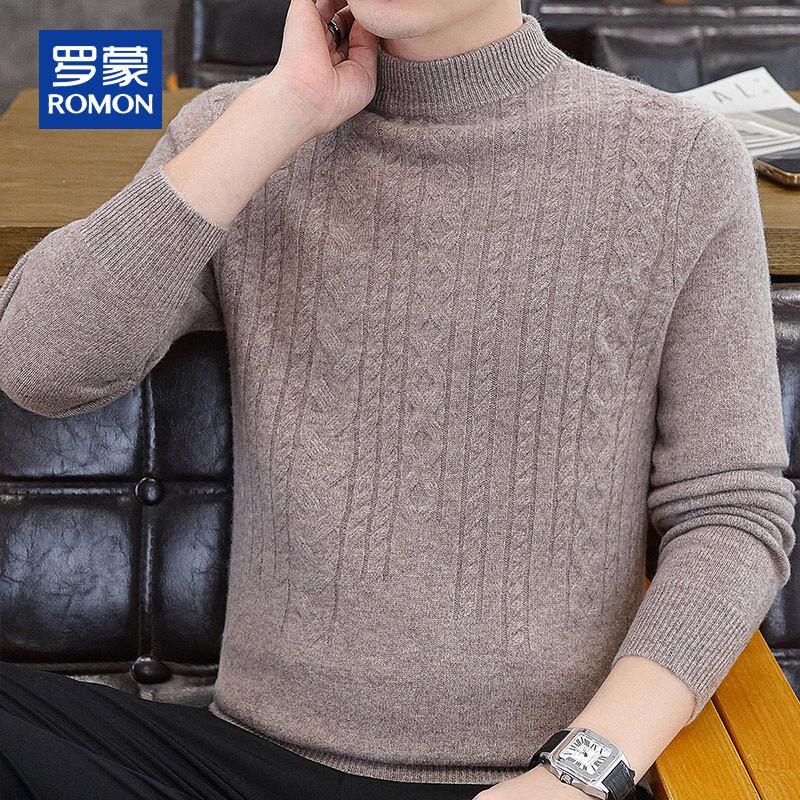 ROMON Men's 100% Pure Wool Cable Knit Mock Neck Sweater