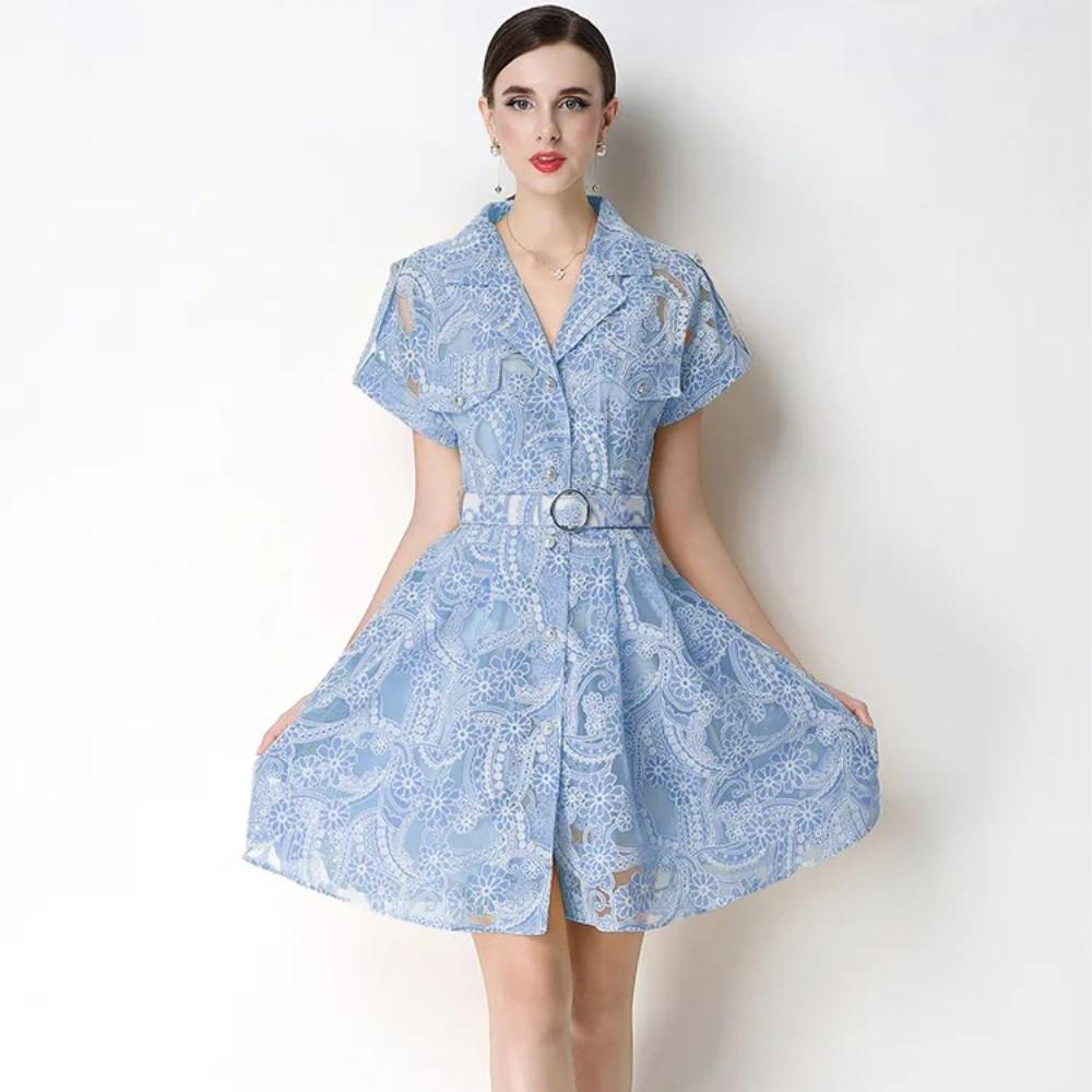 Elegant Lace Embroidery Hollow-out Mini Dress for Women Lapel High Waist A-Line Short Sleeve Single Belt Short Dress Summer M синий