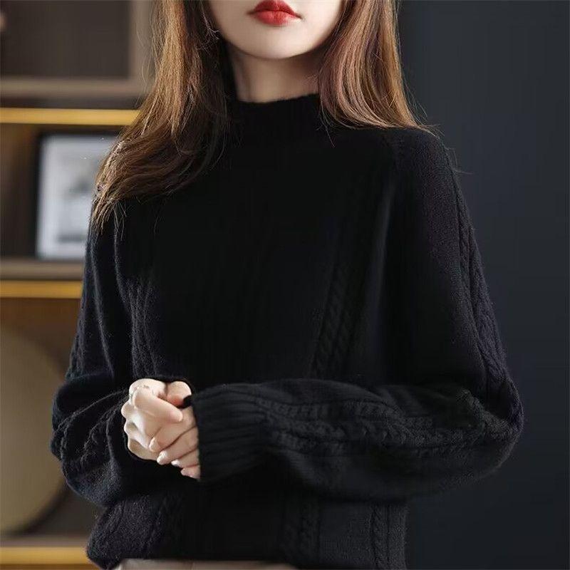 Women's Thick Cable Knit Pullover - Half-High Neck Sweater for Autumn & Winter