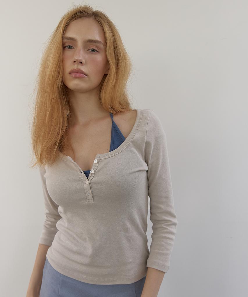 ASURA Cotton Henley Mid Sleeve T (Grey Beige)