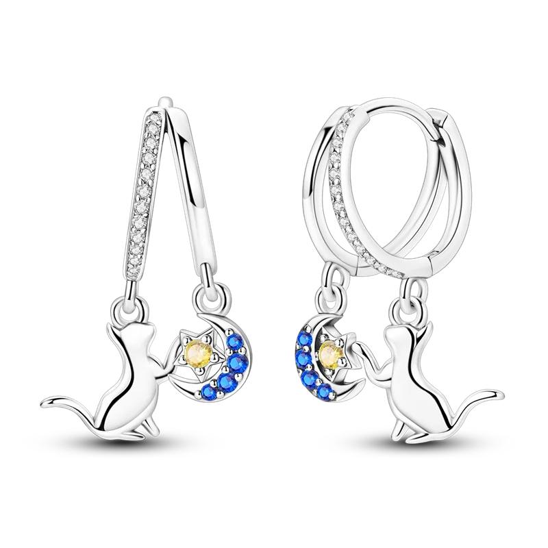 925 Silver Elegant Cute Cat Animal Ear Jewelry Party Wedding Jewelry Zircon Stone Earring Hoop Earrings for Women