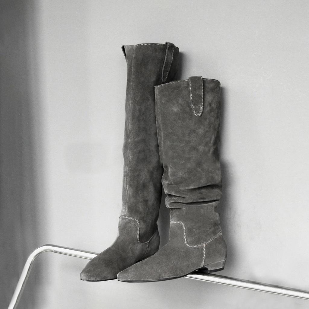 Vintage Flat Boots Women's Frosted Wide Tube Folded Pile Boots Skinny Versatile Knight Boots