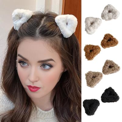1 Pair Plush Cat Ear Hair Clips Non-Slip Triangle Side Hair Bangs Claw Clamp Decoration Hairpins Winter Girls Hair Accessories Birthday Christmas Gift