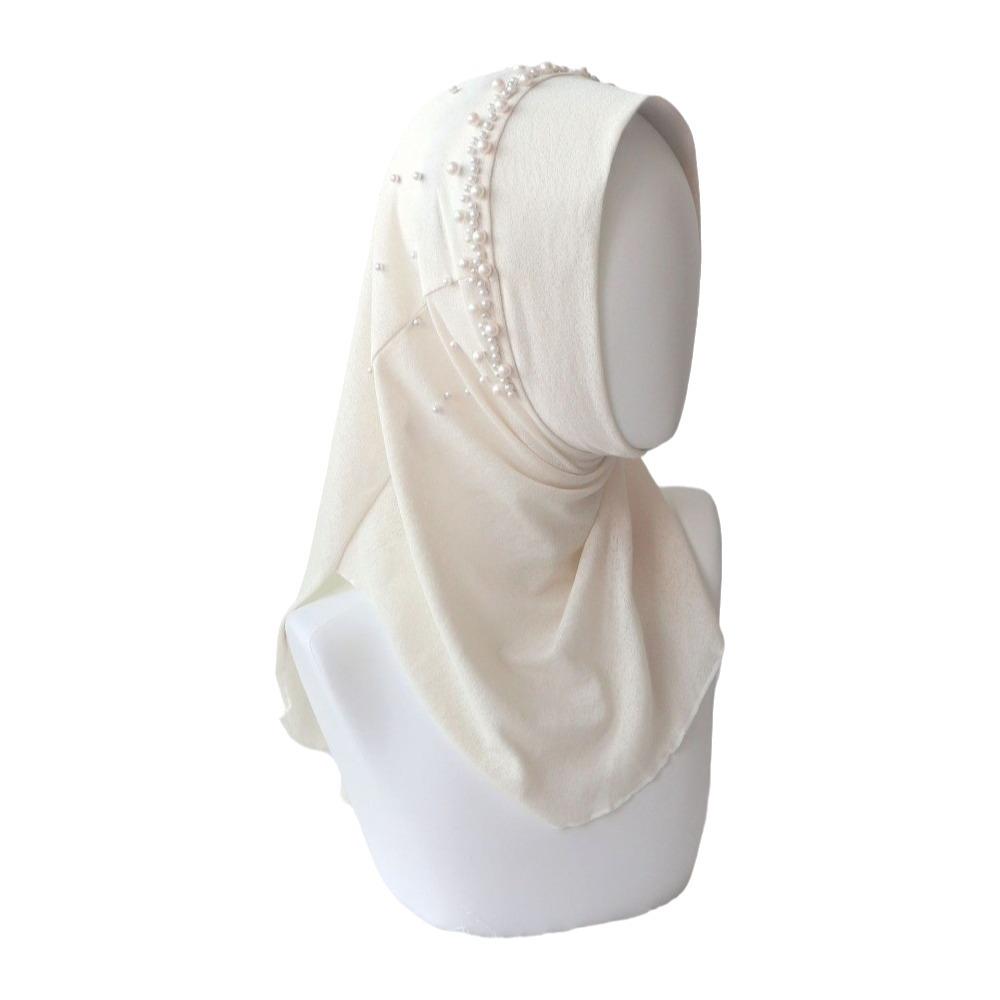 Simple Solid Color Beads Hijab Pull On Style Stretchable Head Wraps Quick Drying Shawls Sun Protection Headscarf Girls