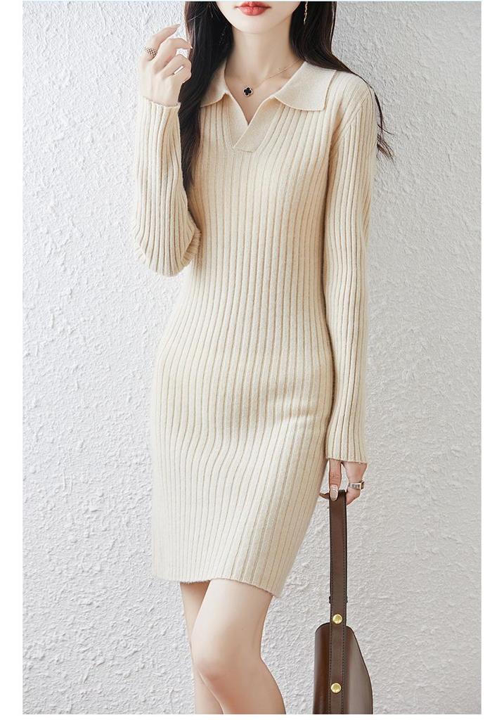 Women's Polo Neck Wool Sweater Dress - Slim Fit, Knee-Length, Ideal as Base Layer for Autumn/Winter Coats