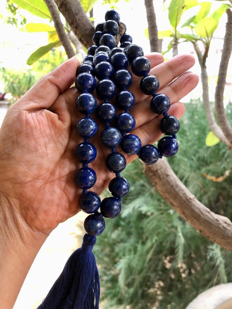 14 mm round 36"+ Indian Origin Lapis Lazuli 54+1 Guru Bead Japa Mala, Jaap Rosary, Yoga Prayer Healing Meditation September Birthstone