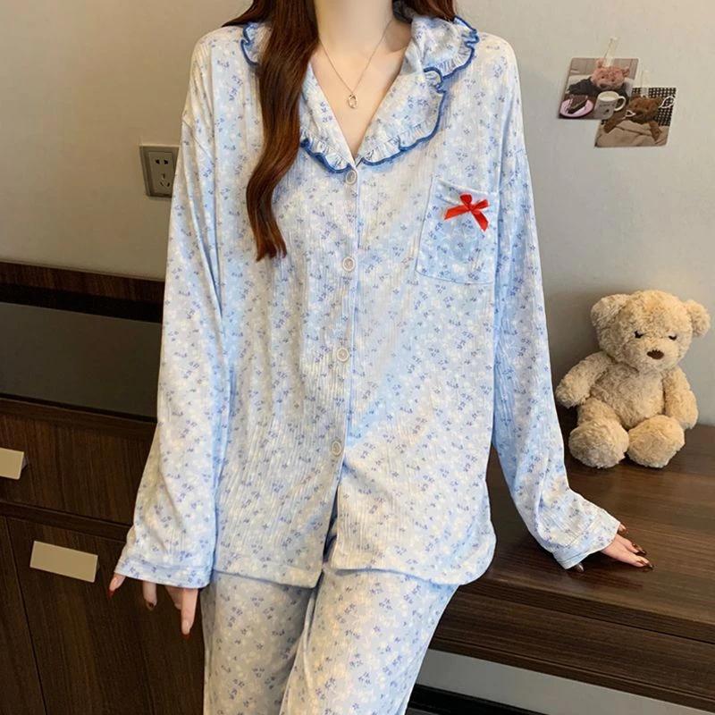 Fresh Blue Crush Flower Print Lace Women's Pajamas Romantic Aesthetics Fashion HomewearMilk Silk Wrinkle Cloth