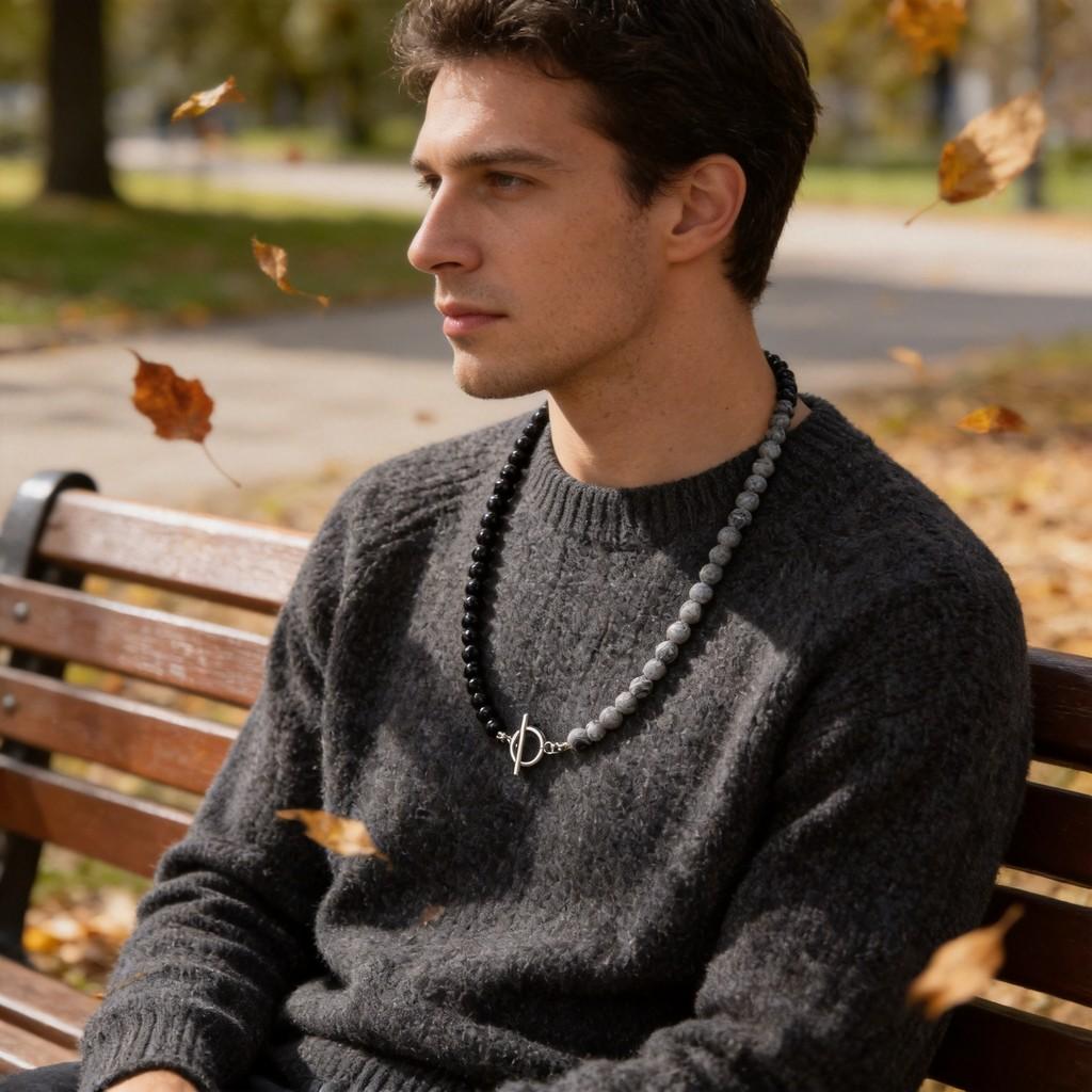 Stainless Steel Volcano Stone Tiger Eye Necklace For Men With Geometric Design And Handmade Craftsmanship