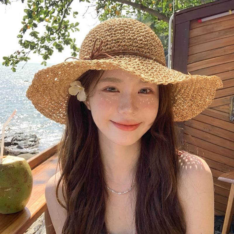 Holiday style straw hat bow fisherman hat children summer new seaside beach sun protection visor big brim woven grass