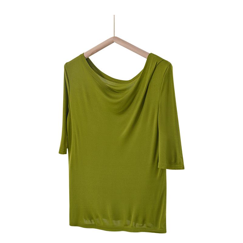 

Irregular Design Oblique Collar Mulberry Silk Slim-Fit Women s T-Shirt L