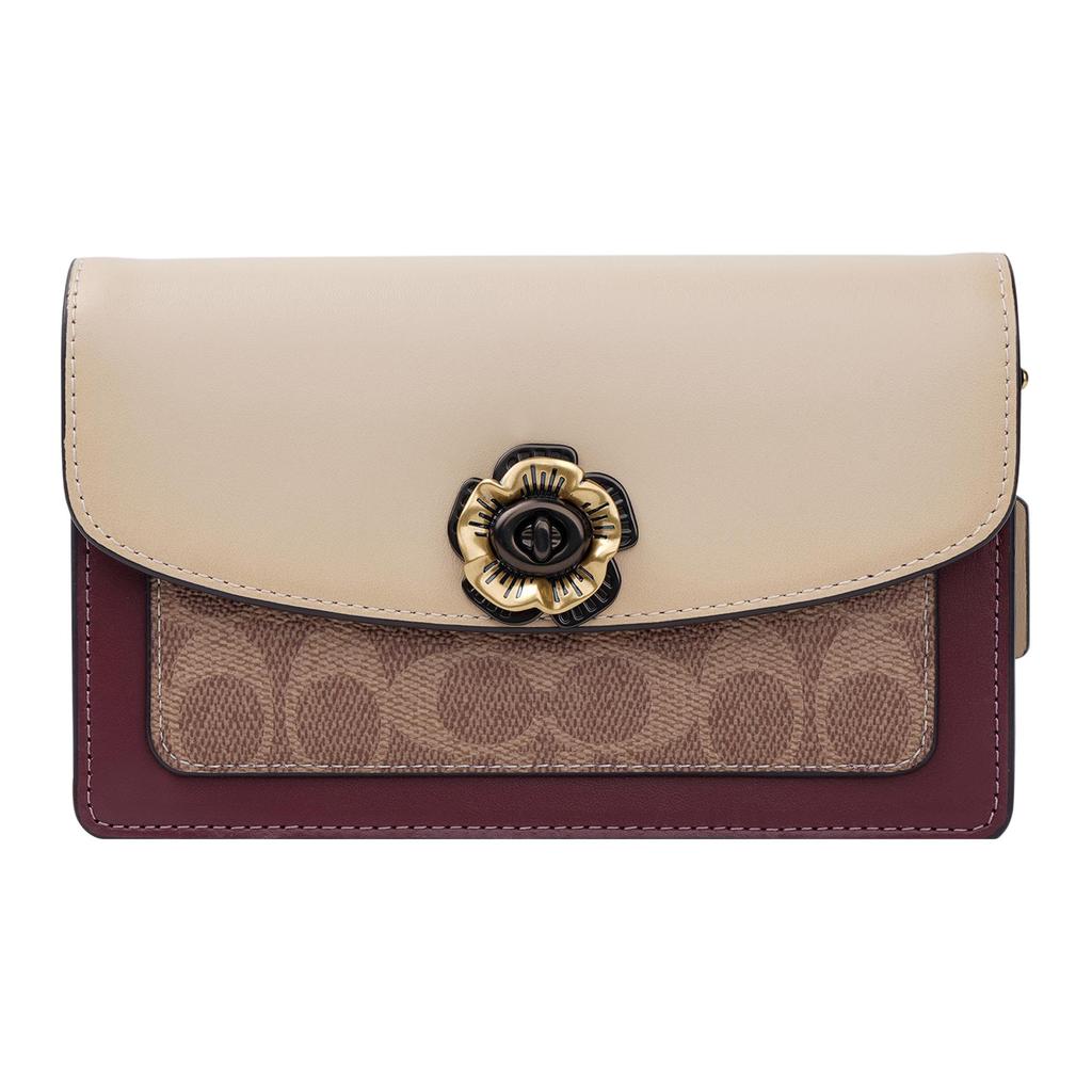 Coach Parker 18 Camellia Turnlock Color Block Signature Print Coated Canvas And Leather Chain Shoulder Bag Women Shoulder Bag 1680-B4QVB