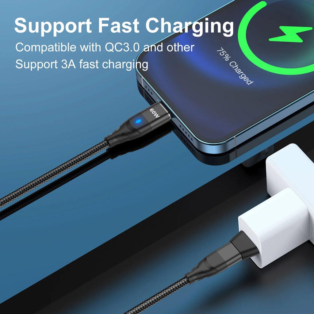60W Magnetic Charging Cable USB C to Type C Micro Fast Charge Cord for iPhone Samsung with USB A Adapter Magnet Wire