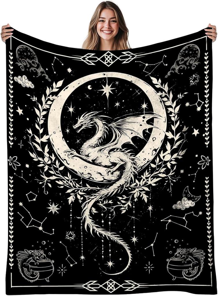 Black Dragon Dinosaur Throw Blanket Fantasy Mythical Creature Art Unique Gift Home Bedroom Living Room Decorative Accessory